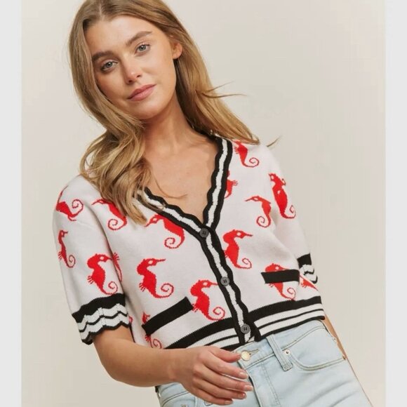 Women Crop Cardigan Size M Cute Red Seahorses Short Sleeves V-Neck Buttons Front - Picture 4 of 10